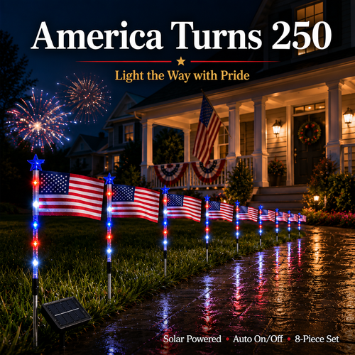 ✨250th Anniversary Solar American Flag Lights – 8PCS Patriotic Pathway Lights