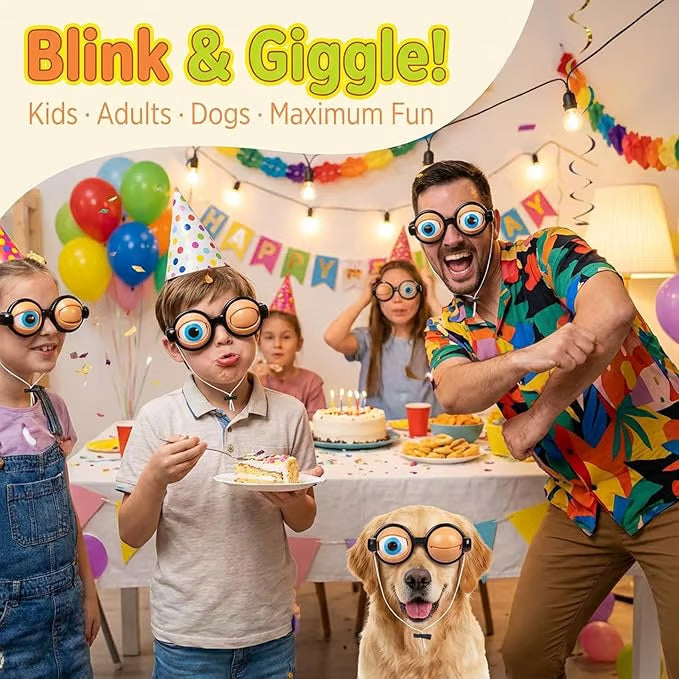Friends sharing funny winking-eye glasses at a party