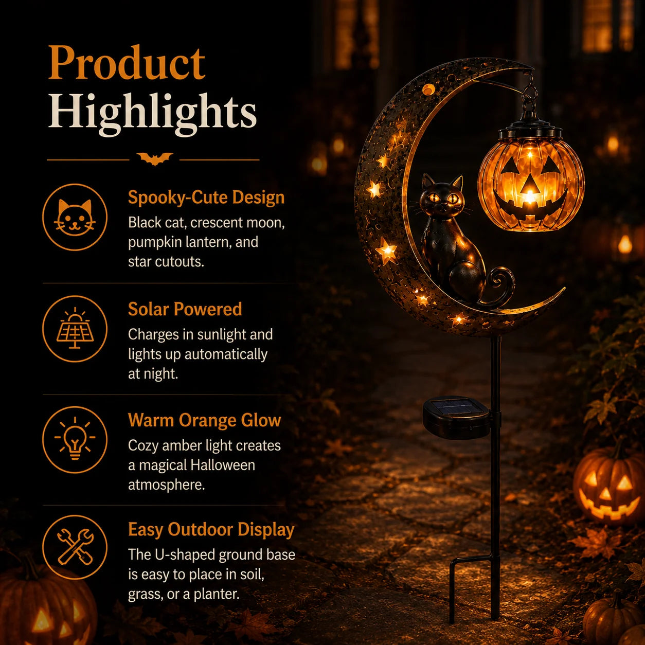 Get Ready for Spooky Season 🎃 Solar Black Cat Moon Pumpkin Outdoor stake Light