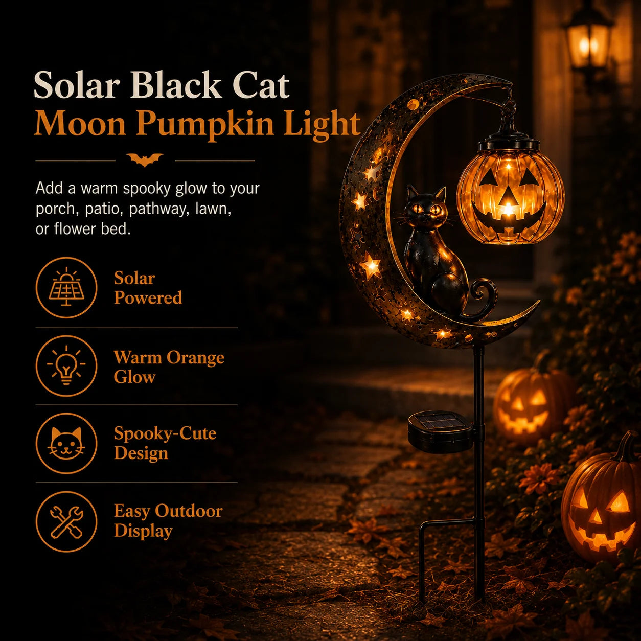 Get Ready for Spooky Season 🎃 Solar Black Cat Moon Pumpkin Outdoor stake Light